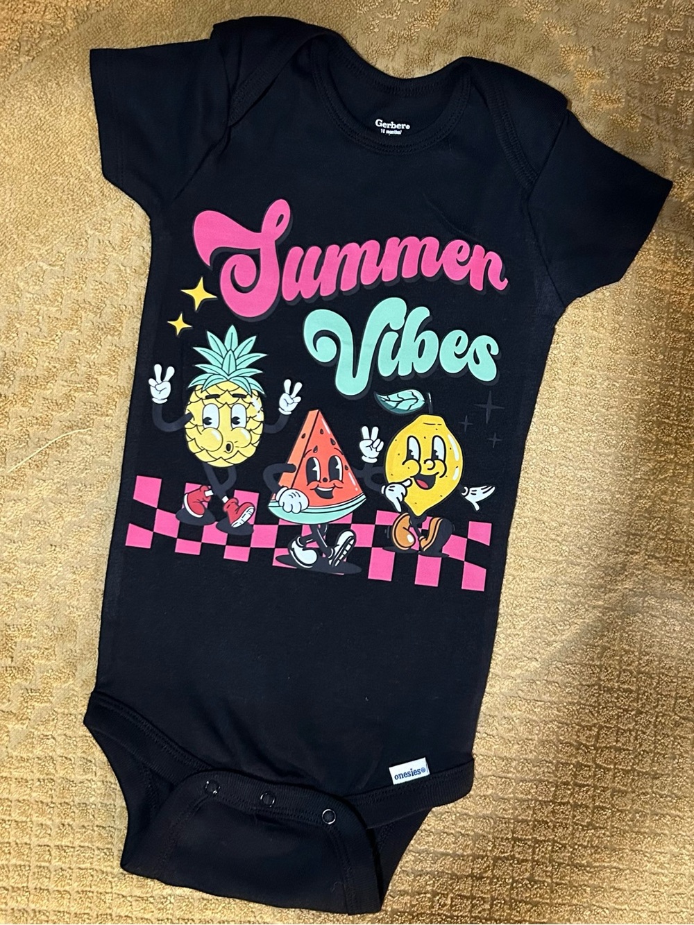 New! Gerber Baby Black "Summer Vibes" Graphic One-Piece - Size 18 Months